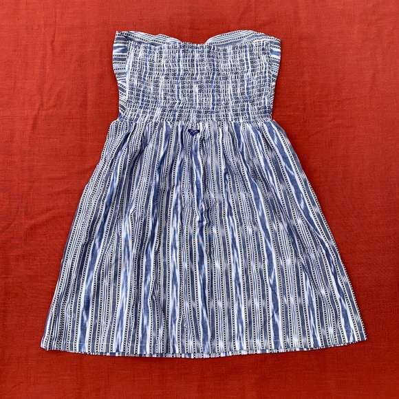 Ruched Sweetheart Neckline Southwest Stripe Cotton Chambray Strapless Mini Dress - Picture 7 of 9